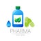 Pharmacy vector symbol with blue bottle, green leaf and drop, pill capsule for pharmacist, pharma store, doctor and