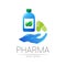 Pharmacy vector symbol with blue bottle and green leaf, pill capsule on hand for pharmacist, pharma store, doctor and