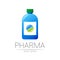 Pharmacy vector symbol with blue bottle and green pill tablet for pharmacist, pharma store, doctor and medicine. Modern