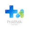 Pharmacy vector symbol with blue cross for pharmacist, pharma store, doctor and medicine. Modern design vector logo on