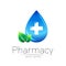 Pharmacy vector symbol of blue drop with cross and leaf for pharmacist, pharma store, doctor and medicine. Modern design