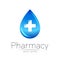 Pharmacy vector symbol of blue drop with cross for pharmacist, pharma store, doctor and medicine. Modern design vector