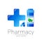 Pharmacy vector symbol with blue pill bottle and big cross for pharmacist, pharma store, doctor and medicine. Modern