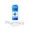 Pharmacy vector symbol with blue pill bottle and cross for pharmacist, pharma store, doctor and medicine. Modern design