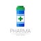 Pharmacy vector symbol with blue pill bottle and green cross for pharmacist, pharma store, doctor and medicine. Modern