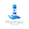 Pharmacy vector symbol with blue pill bottle in hand and cross for pharmacist, pharma store, doctor and medicine. Modern