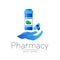 Pharmacy vector symbol with blue pill bottle in hand and tablet for pharmacist, pharma store, doctor and medicine