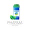 Pharmacy vector symbol with blue pill bottle and tablet, leaf for pharmacist, pharma store, doctor and medicine. Modern