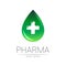 Pharmacy vector symbol of green drop with cross for pharmacist, pharma store, doctor and medicine. Modern design vector