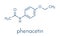 Phenacetin banned painkiller drug. Found to cause cancer and kidney damage. Skeletal formula.