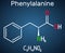 Phenylalanine L-phenylalanine, Phe , F amino acid molecule. Structural chemical formula on the dark blue background