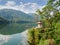 Phewa Lake in Pokhara with Buddhist chapel on coast, Nepal