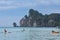 Phi Phi islands. Thailand. February 10, 2019: Kayaking on the andaman sea near tropical islands. Sunny day and aquamarine water