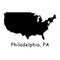 Philadelphia City on USA Map. Detailed America Country Map with Location Pin on Philadelphia PA Pennsylvania. Black silhouette vec