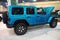 Philadelphia, Pennsylvania, U.S.A - February 9, 2020 - The side view of the 2020 Jeep Wrangler Unlimited Rubicon 4X4 blue color
