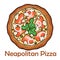 Philadelphia pizza with salmon, shrimps, tomatoes, mozzarella, capers, Philadelphia cheese. Neapolitan round pizza on white