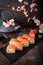 Philadelphia roll sushi with salmon, prawn, avocado, cream cheese. Sushi menu.