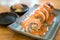 Philadelphia roll sushi with salmon, prawn, avocado, cream cheese. Sushi menu. Japanese food