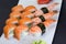 Philadelphia sushi roll and shrimp nigiri