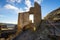 Philippsburg castle ruins with castle tower near Monreal in sunshine and a blue sky