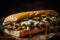 philly cheese steak sandwich with melted mozzarella on table and dark backkround