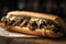 Philly Cheesesteak with melted cheese and beef on wooden table, selective focus - made with generative AI tools