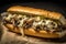 Philly Cheesesteak with melted cheese and beef on wooden table, selective focus - made with generative AI tools