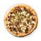 Philly Cheesesteak Pizza On White Plate On White Background Directly Above View