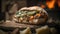 Philly Cheesesteak On Stone, Blurred Background, Rustic Pub. Generative AI