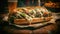 Philly Cheesesteak On Stone, Blurred Background, Rustic Pub. Generative AI