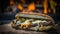 Philly Cheesesteak On Stone, Blurred Background, Rustic Pub Stone Oven. Generative AI