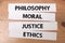 Philosophy Moral Justice Ethics, text words typography written on paper, success  life and business motivational inspirational