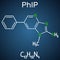 PhIP  2-amino-1-methyl-6-phenylimidazo4,5-bpyridine molecule. Structural chemical formula and molecule model on the dark blue