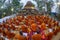 Phitsanulok Province, Thailand-2019 May, Many Buddhism sit down on big pagoda and Signal King Narasuan ,They are pray