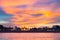 Phnom Penh skyline at sunset capital city of Cambodia kingdom, panorama silhouette view  from Mekong river, travel destination,