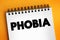 Phobia - anxiety disorder defined by a persistent and excessive fear of an object or situation, text concept on notepad