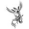 Phoenix bird in flight black silhouette drawn by ornate lines in a flat style. Tattoo bird, firebird logo, emblem