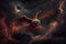 phoenix firebird flying over dark, stormy sky