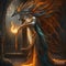 phoenix girl, wolf and crow with fire and flames, fantasy art, generated
