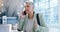 Phone call, anger and business woman in airport for communication, frustrated and contact. Professional, stress and