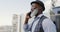 Phone call, business and black man talking in city, laughing and chatting. Cellphone, communication and senior male on