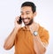 Phone call communication, studio news and happy man celebrate achievement, success goals or winning. Excited, winner and