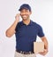 Phone call, delivery man and courier happy to deliver package as ecommerce talking on a mobile conversation. Shipping