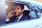 Phone call, journey and business man in car, talking and speaking to contact. Cellphone, taxi and male professional