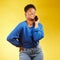 Phone call, laugh and black woman in studio happy, silly or share joke on yellow background. Funny, talking and African