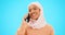 Phone call, talking and communication with muslim woman in studio for networking, contact and conversation. Connection