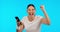Phone, celebration and portrait of woman with success, winning and marketing or athlete, sports and happy mockup. Winner