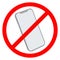 Phone forbidden sign on white background. No mobile phone icon, smartphone ban symbol. Silent call zone or silent mode