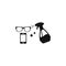 Phone and glasses cleaning or disinfecting black isolated vector icon.