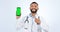 Phone, green screen and portrait of doctor pointing to promo or registration in white background. Studio, healthcare or